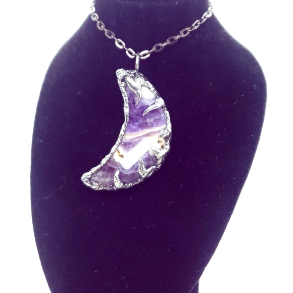 Chevron amethyst moon crystal necklace handmade gothic fantasy metalwork - Picture 2 of 16